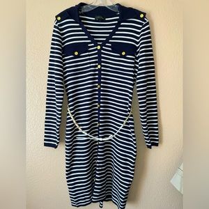 Tahari Navy Blue Striped Sweater Dress